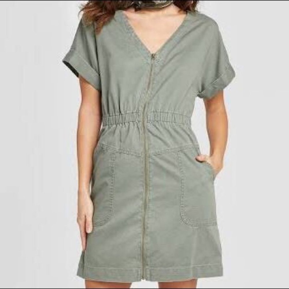 Universal Thread Women's Short Sleeve Army Green Zip-Up Elastic Waist Dress smal
